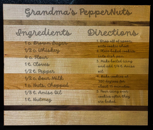 12” X 14” X 1.0” Favorite Recipe Custom Made Cutting Board Created Out Of Black Walnut, Cherry and Maple